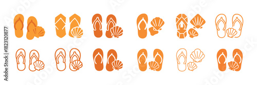 Colorful beach sandals and seashells pattern in orange tones