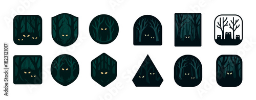 Mysterious forest icons with glowing eyes in geometric shapes