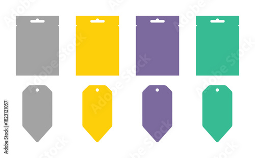 Eight blank retail product packaging and price tags set. Tags and packaging templates.