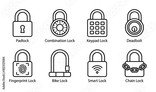 Eight distinct lock icons for security and protection; includes padlock, combination, keypad, and smart locks.