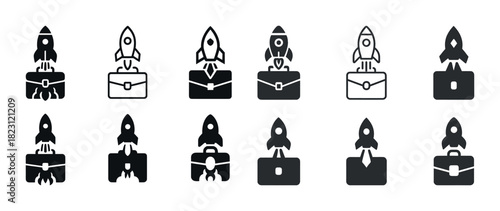 Rocket launch icons on briefcases: business growth and startup concepts
