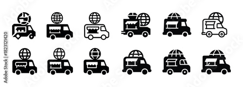Iconic black and white food trucks with globe signs in various styles