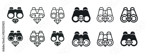 Binocular and gem icons set: black and white minimalist designs