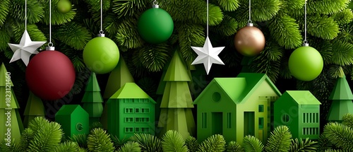 Festive Green Holiday Decor with Ornaments and Paper Cut Trees for Winter Celebration