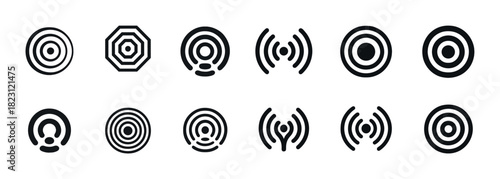 Set of black circular radio and sound wave icons