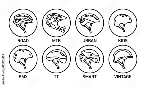 Eight types of bicycle helmets outline icons. Road, MTB, urban, kids, BMX, TT, smart, vintage.