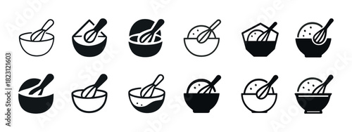 Set of mixing bowl icons with whisks in various styles and designs