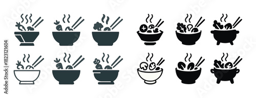 Icon set of noodle bowls with chopsticks and steam elements