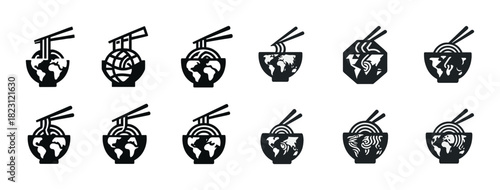 Ramen and earth icons with chopsticks: global cuisine concept