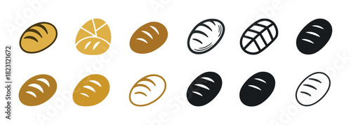 Assorted bread icon set with loaves and rolls in various styles