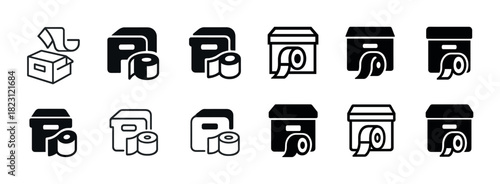 Icon set of toilet paper and box in various styles and designs