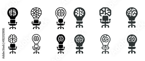 Brainstorming icons: lightbulb and brain symbols with office chairs