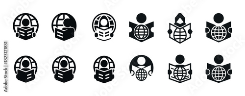 Set of monochrome book and globe logos in different styles