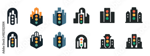 Collection of 12 diverse traffic light icons in various styles and designs