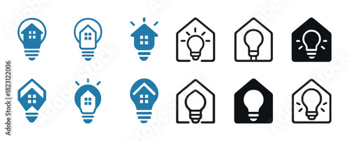 Smart home technology icons with light bulb and house designs