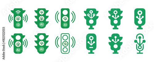 Green ai traffic lights set: smart technology icons collection with eco-friendly symbols