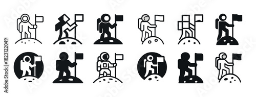 Set of astronaut icons with flags: space exploration symbols and designs