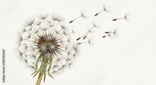 Dandelion clock with seeds beginning to disperse, delicate and airy, botanical watercolor illustration on textured paper with copy space