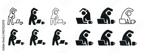 Icon set: office stretching poses with laptops and coffee mugs