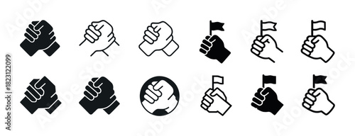 Collection of fist and flag icons in black and white variants