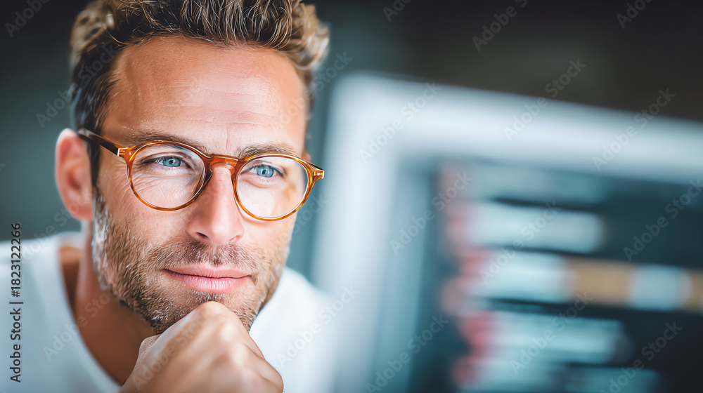Fototapeta premium A pensive man in glasses reflects thoughtfully while working on a computer, showcasing focus and modern workplace dynamics.