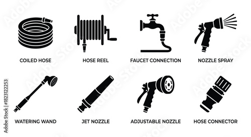 Gardening hose equipment with coiled hose, reel, faucet connection, nozzle spray, watering wand.