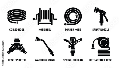 Garden hose equipment icons, various watering tools, hose reel, soaker hose, spray nozzle