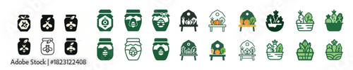 Set of green icons featuring jars and potted plants in various styles