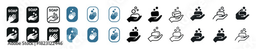 Handwashing icons set: soap dispenser, bubbles, hygiene symbols in various styles