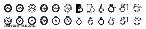 Diverse smart ring and smartwatch icon set in black and white