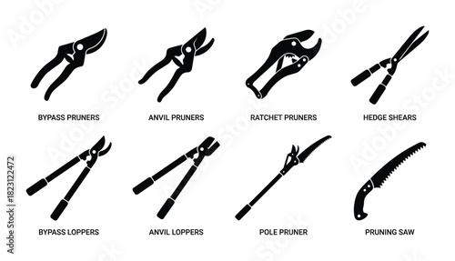 Gardening pruning tools collection. Bypass, anvil, ratchet pruners, loppers, hedge shears, saw icons.