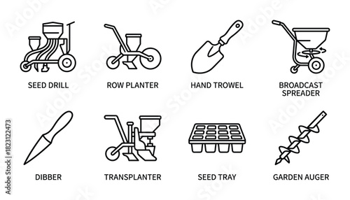 Gardening tools for planting line icons set. Seed drill row planter hand trowel dibber transplanter.