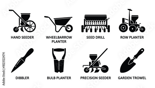 Gardening tools for planting black solid icons set. Hand seeder dibbler seed drill wheelbarrow.