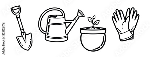 Gardening tools set line art style isolated white background. Shovel, watering can, pot, seedlings and gloves.