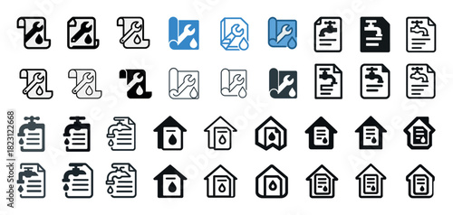 Plumbing and home repair icons: tools, pipes, faucet, house, document