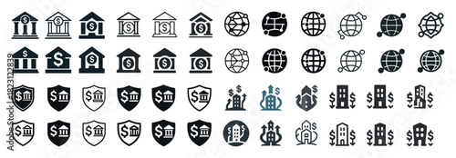 Bank and finance icons collection: global, security, growth, currency, business symbols