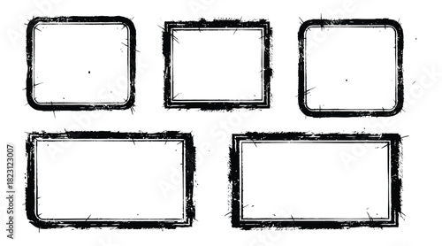 Grunge rectangle frames set. Distressed borders with rounded and sharp corners. Scratched texture boxes.