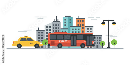 City public transport system with urban buildings and streetlamp
