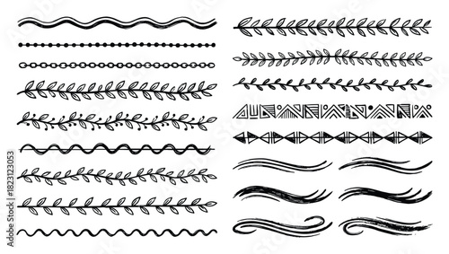 Hand drawn dividers, laurels, and borders in doodle style, perfect for rustic or organic design elements.