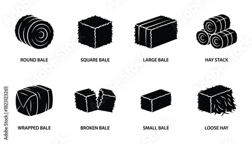 Hay bales and stacks icon set. Agriculture farm field harvest season, various hay forms.