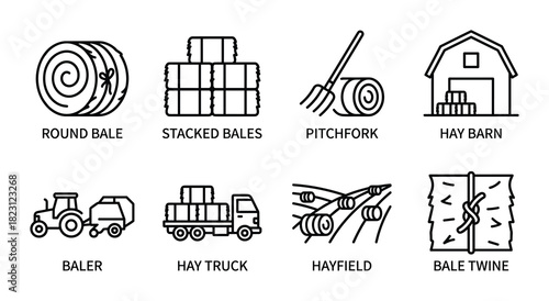 Hay making process line icons. Baler, truck, field, barn, and twine. Farm agriculture.