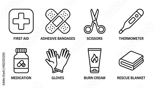 Healthcare first aid kit supplies with bandages, scissors, thermometer, medication, gloves, burn cream.