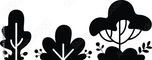 Three stylized black silhouette plants with white interior lines on white background nature