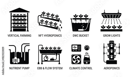 Hydroponic farming system icons. Vertical, NFT, DWC, grow lights, nutrient pump, ebb flow, aeroponics