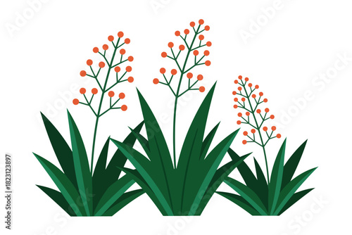 Three stylized green plants with orange berries on white background berry nature