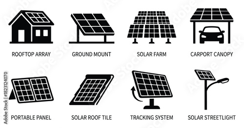 Icons depicting various solar energy systems: rooftop array, ground mount, tracking, and more.