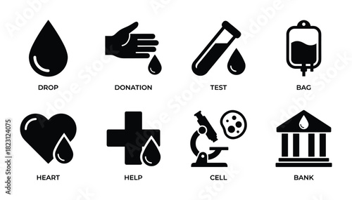 Icons for blood drop, donation, test, bag, heart, help, cell, and bank in monochrome