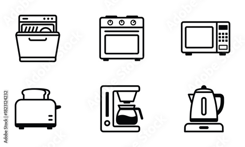 Kitchen appliances and home electronics icons. Household appliance outline collection. Cooking utensil sign.