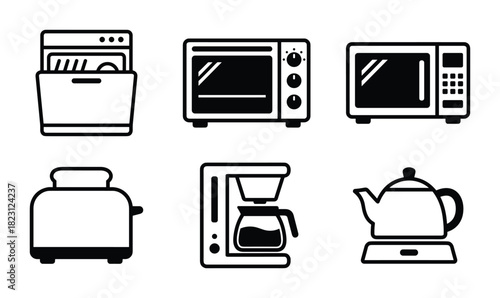 Kitchen appliances and home electronics icons. Household appliance outline collection. Cooking utensil sign.