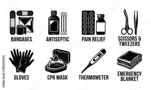 Medical kit supplies with bandages, antiseptic, pain relief, scissors, tweezers, gloves, CPR mask, thermometer.